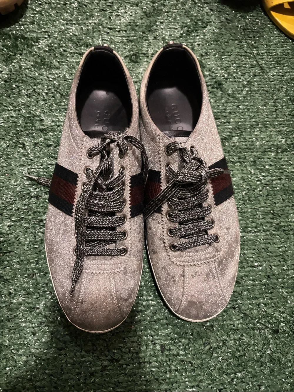 Gucci Silver Glitter Low-Top Sneakers with Red & Navy Web Stripe